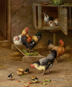 Jagd Edgar Küken Hühner und Kaninchen in einem Hutch 1925 Ölgemälde